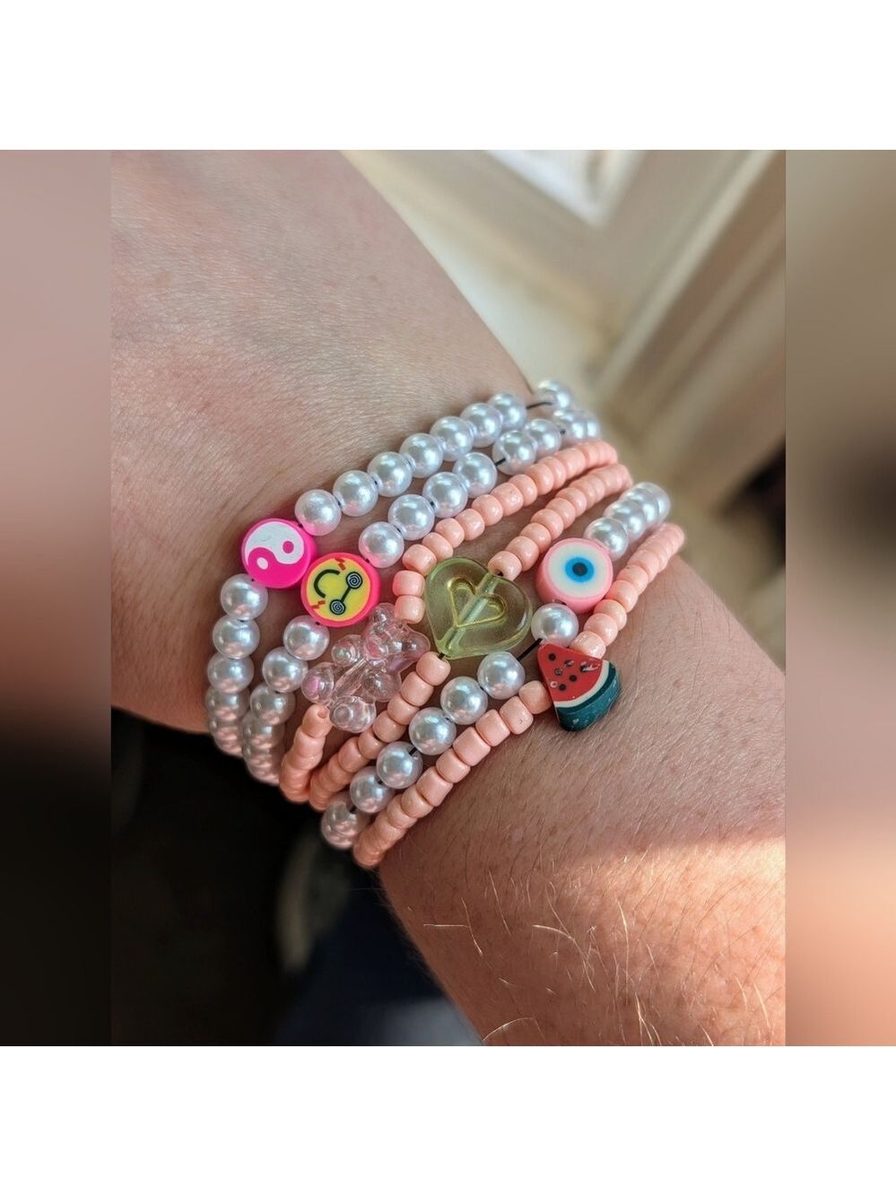 Pink and White Beaded Bracelet Set Of 6